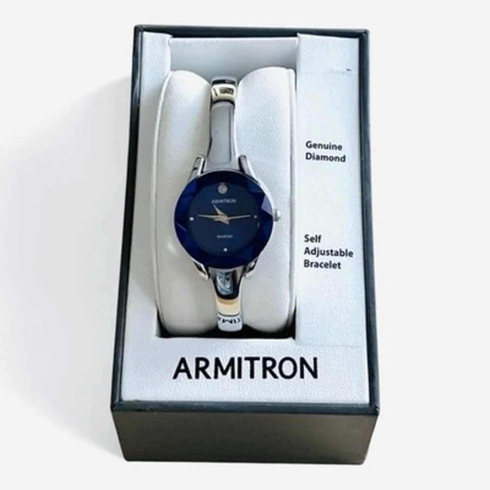 Armitron Womens Watch Genuine Diamond Blue Dial Silver Bangle Bracelet VG